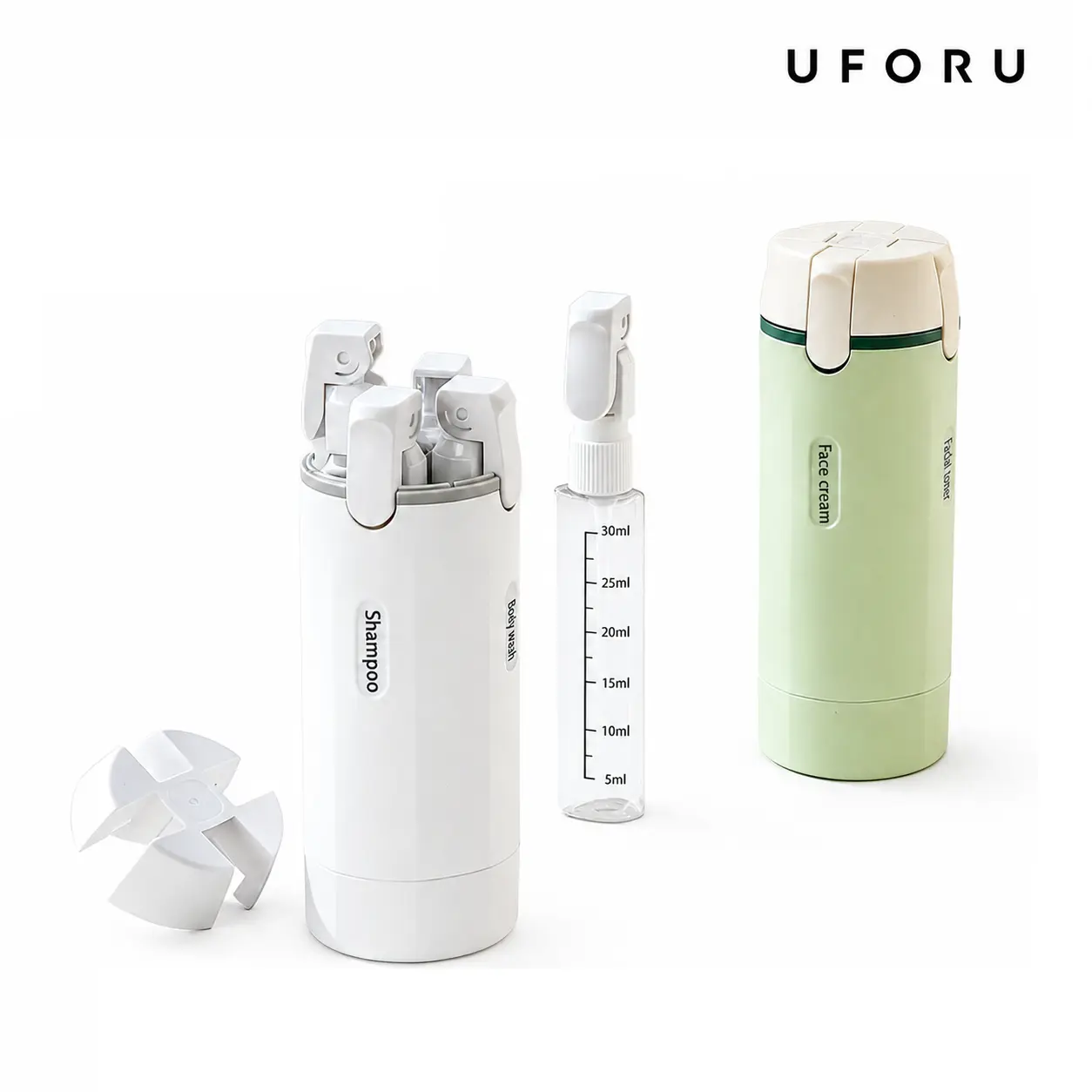UFORU 4-in-1 Travel Toiletry Dispenser Bottle, Compact Leak-Proof Refillable Silicone Squeeze Container with Lock, Holds 4 Liquids in One Bottle, Carry-On Friendly for Airplane, Train, Business Trips and Vacations