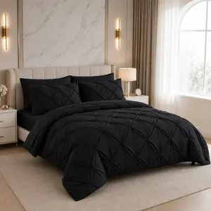 JOLLYVOGUE Black Queen/King/Full Comforter Set 7 Pieces - Bed in a Bag for All Season, Breathable & Lightweight, Pintuck Bedding Sets with Comforter, Flat Sheet, Fitted Sheet and Pillowcases Shams ,Myst-Have Bedding for Home&Dorm,#Summervibes