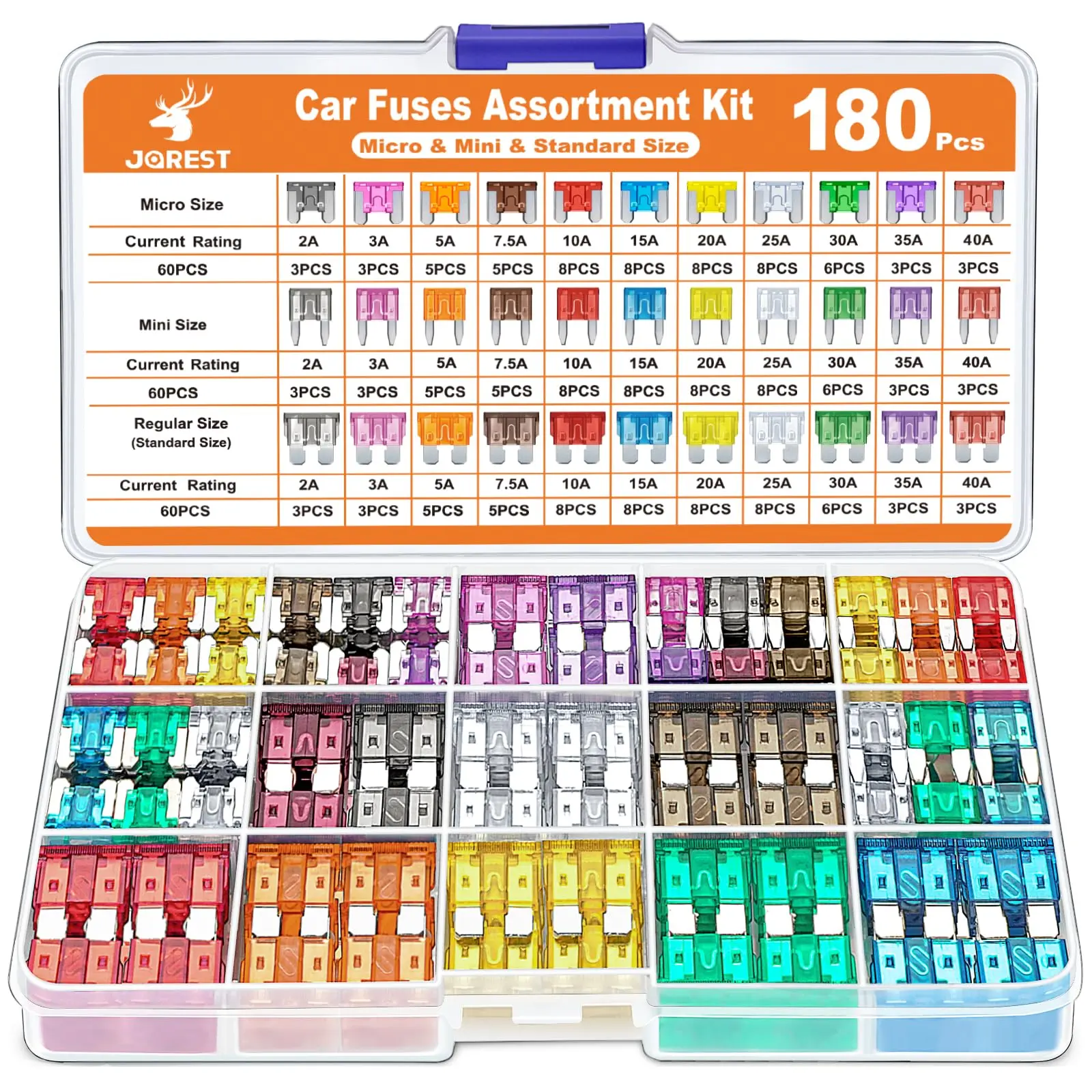 Summerfinds JOREST 180Pcs Fuse Kit,60 Mini Car Fuses Assortment + 60 Standard Blade Automotive Fuses + 60 Micro Fuses Auto + 1 Puller –11 Specifications: 2Amp 3A 5A 7.5A 10A 15A 20A 25A 30A 35A 40A