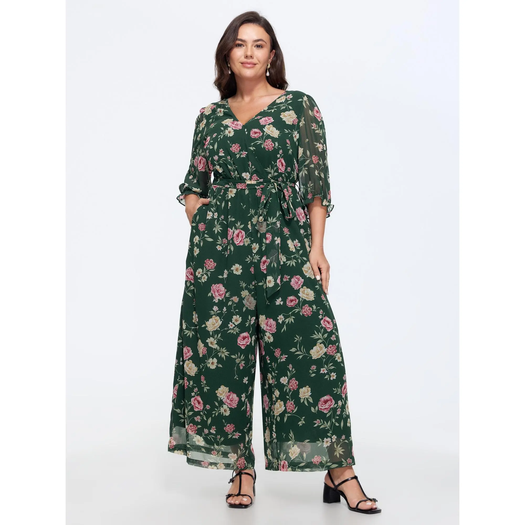 BloomChic Plus Size Romantic Dark Green Floral Jumpsuit, V-Neck with Belted Drawstring Waist and Side Pockets, Romance, 14-16/1X, 18-20/2X, 22-24/3X, Women, Smooth, Fabric, Garment, Fit, Polyester, Cute Jumpsuit
