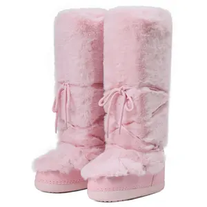 Faux Fur Knee-High Snow Boots for Women Ultra Cozy Warm Winter Boots with Drawstring Detail Plush Lined Non-Slip Snow Booties for Cold Weather Black Pink footwear botas de nieve mujer