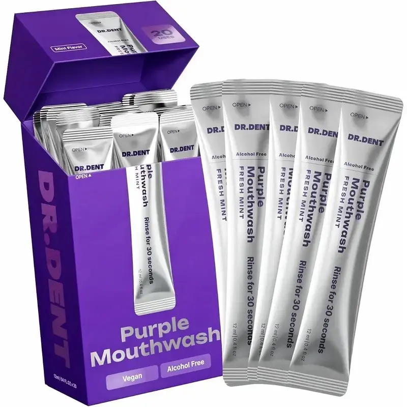 DR.DENT Purple Mouthwash for Teeth Whitening - Color Correcting Mouthwash Sachets - Peroxide Free, Alcohol Free - Freshens Breath, Supports Gum Health - Vegan, Mint Flavor (20 pc)
