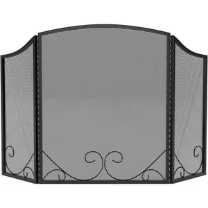 3-Panel Black Wrought Iron Modern Minimalist Design Fireplace Screen,48"(L) x 29"(H) Spark Guard with Scrolling Design,Decorative Hearth Screen