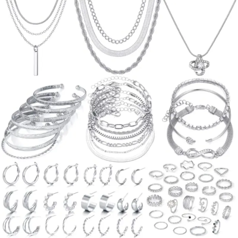 Costume Jewelry Set for Women, 36-Piece Boho Silver-Plated Collection, Affordable Fashion for a Daily Wear Jewelry Stack with Necklaces, Bracelets & Cuffs, Lead-Free Alloy, Multi-Strand, Bling Effect, Rhinestones, 36 Pieces