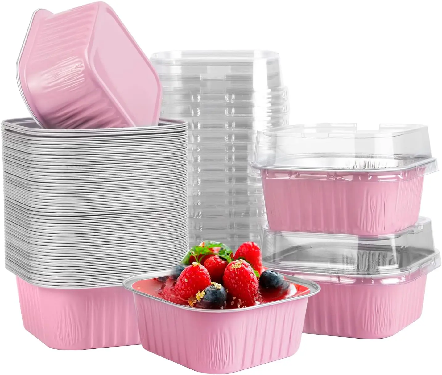 30-Pack 5oz Pink Bakeware Mini Square Aluminum Foil Baking Cups with Lids, 150ml Disposable Ramekins for Indoor Wedding & Birthday Parties, Festive Disposable Tableware Home Supplies