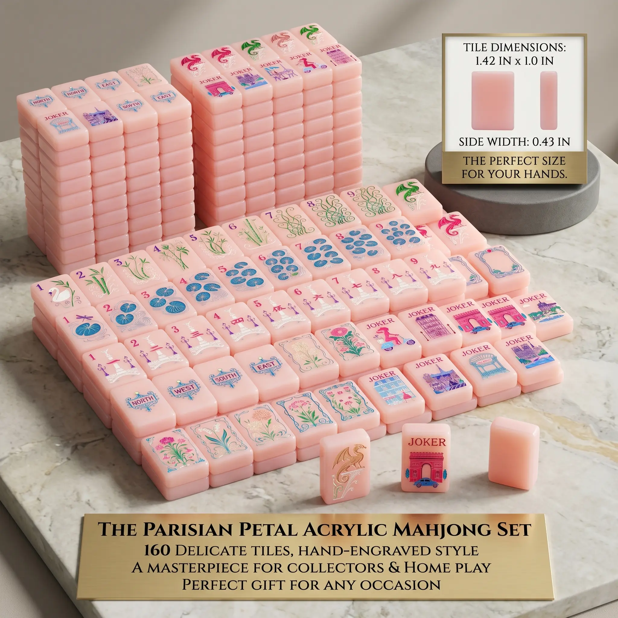 Mahjong Game Set, 160 Pink Paris-Style Crystal Acrylic Tiles, Hand-Rubbed for Smooth Play, Indoor Family Leisure Game for Holiday Gifting, Housewarming, 160-Piece Paris-Style Crystal Acrylic Tiles, Endless Fun, Family Board Games, Tabletop Games