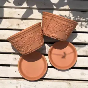 2-Pack Clay Flower Pots with Ceramic Tray, Water-Proof Breathable Design, Sunflower Relief Pattern, Large Planter for Plants & Succulents, Garden Pot