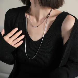 Women's Stainless Steel Extra Long Layered Herringbone Necklace - Dainty Layering Jewelry, Niche Link Detailing, Long Necklaces for Women, Daily Wear Accessory