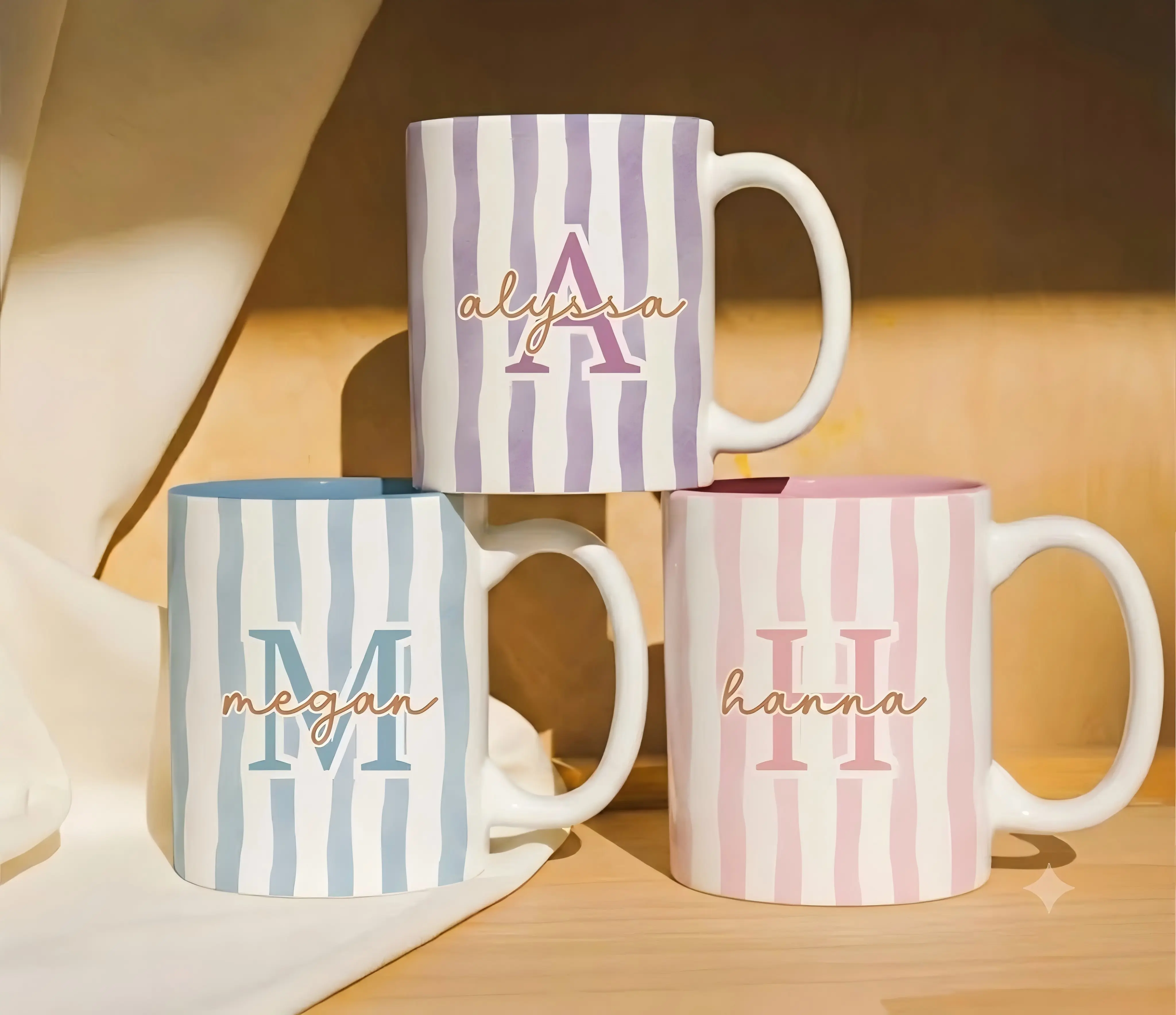 Personalized Striped Ceramic Mug, Custom Name Coffee Cup, Pastel Monogram Gift