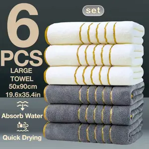 6pc Luxury Coral Fleece Towel Set, 6 Large Towels 50x90cm, 300gsm, Super Soft, Highly Absorbent, Fast Drying, Gold Embroidery