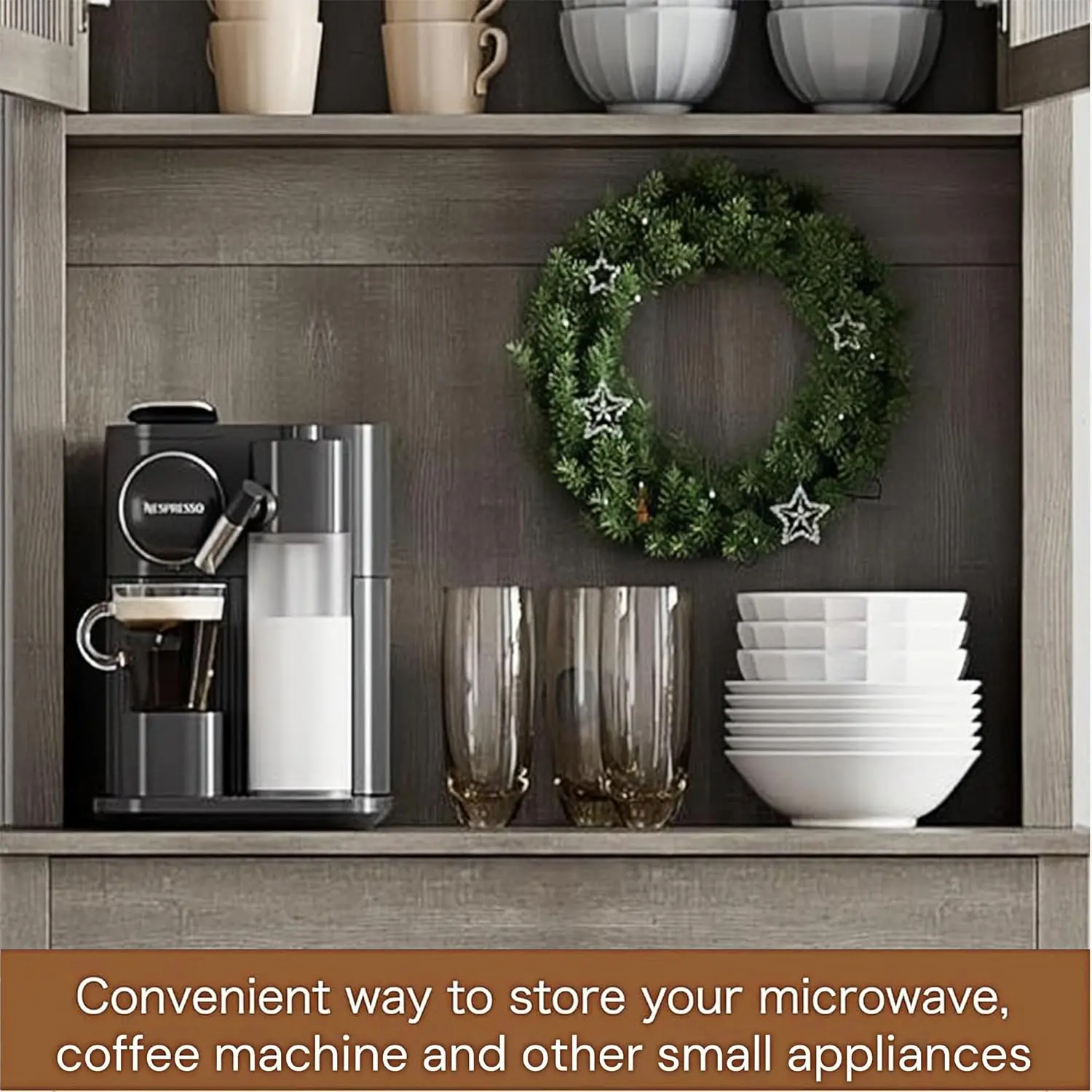 【Christmas Gift】Gray Kitchen Food Cabinet with Glass Doors Large Drawer Adjustable Shelves Cable Hole and Anti Tilt Design Gray