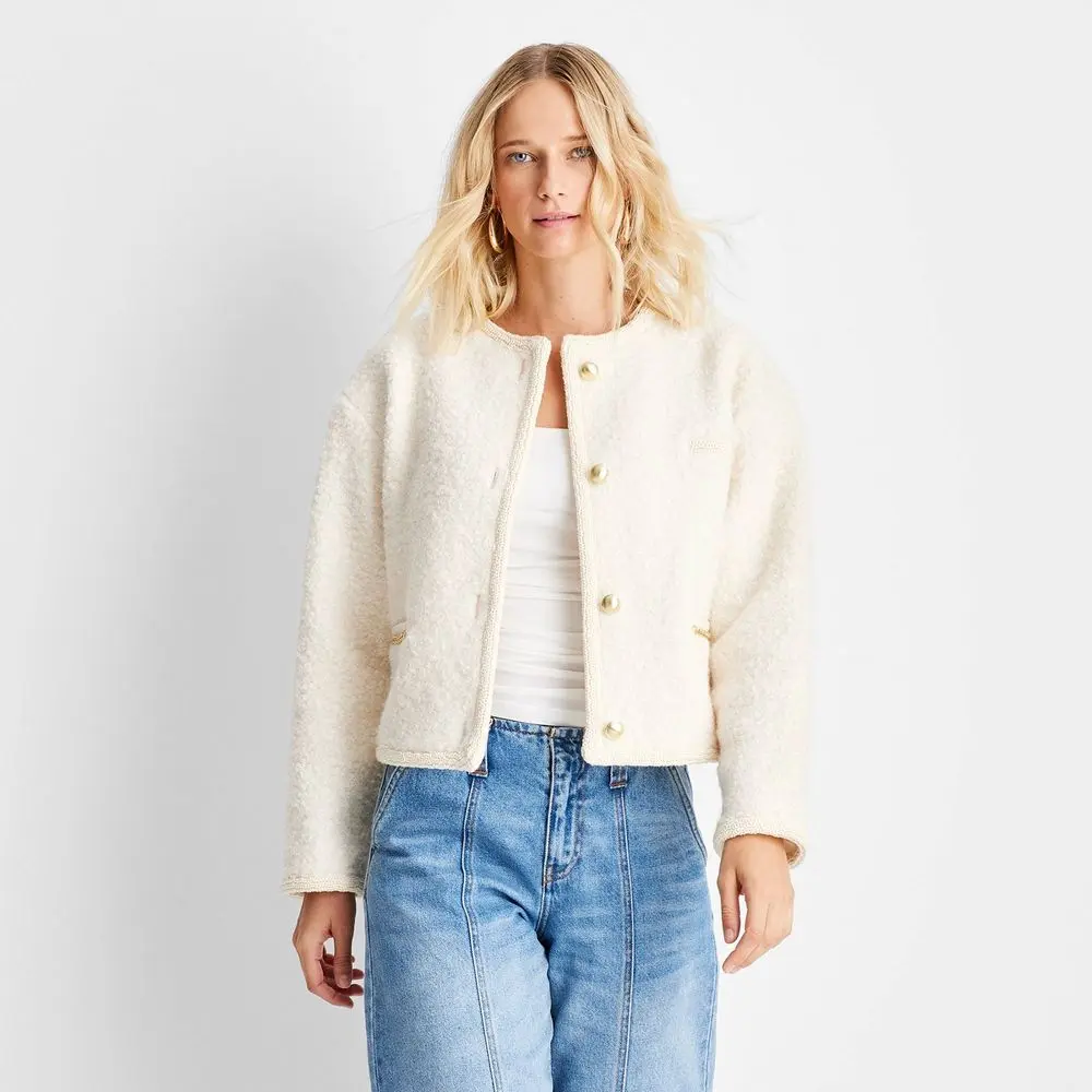 Future Collective Women's Teddy Chain Jacket - Cream Heavyweight Recycled Polyester Knit Easy Fit Long Length Front Button Down Coats, Tops, Fabric, Style, Garment, Pocket, Knitwear