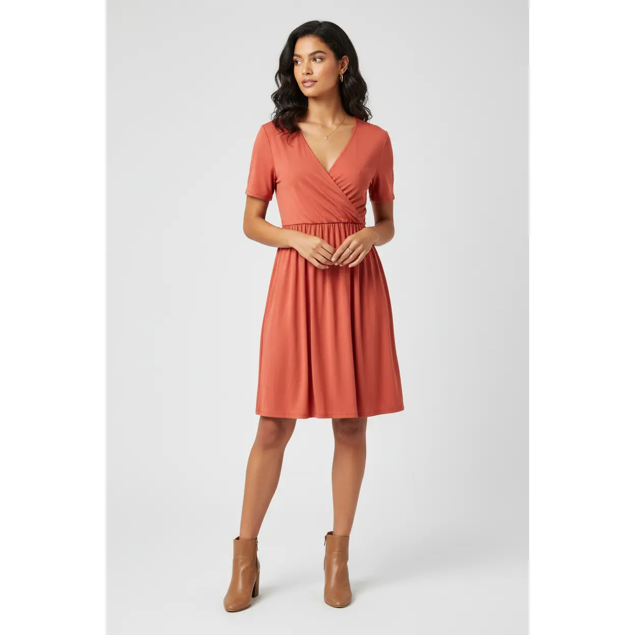 LuLaRoe Chantale Cross-Front Sun Dress for Women - Casual Coral Polyester Spandex Blend with Elastic Waist and Pockets, Warmer, Criss Cross, Above Knee, Polyester Blend, Hidden Pockets, Style, Comfortable, Fit, Side Pockets