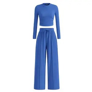 2-Piece Ribbed Knit Long Sleeve Crop Top Wide Leg Pants Matching Lounge Set Loungewear