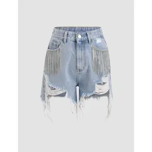 Cider [2 colors, size 2-26] Diamond Tassels Ripped Denim Shorts