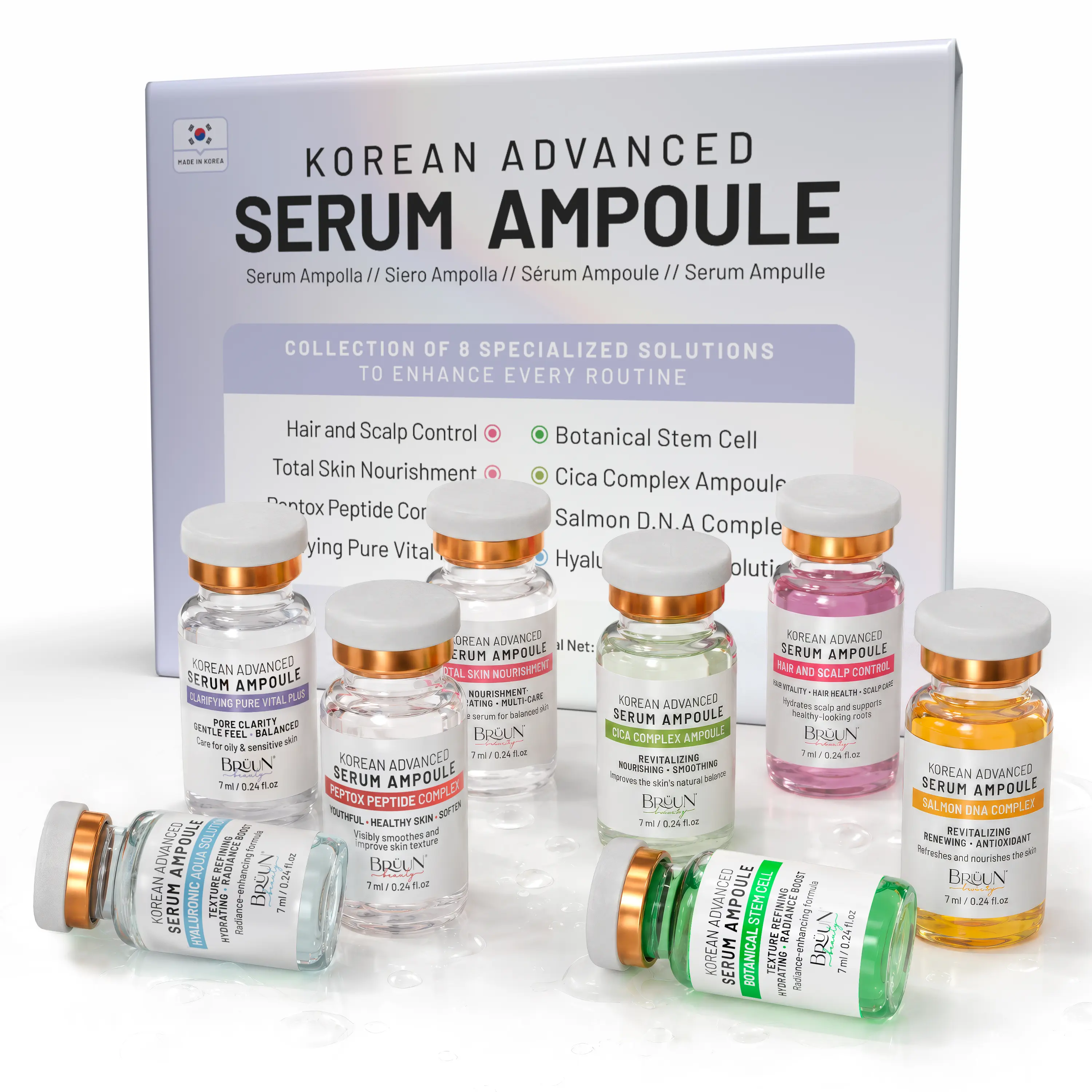 BRÜUN Micro Infusion Korean Serum kit 8 Pcs (7 ml) Ampoule - Stem Cell, Salmon DNA, Peptide, Hyaluronic AC - Starter Booster Kit for Face and Body