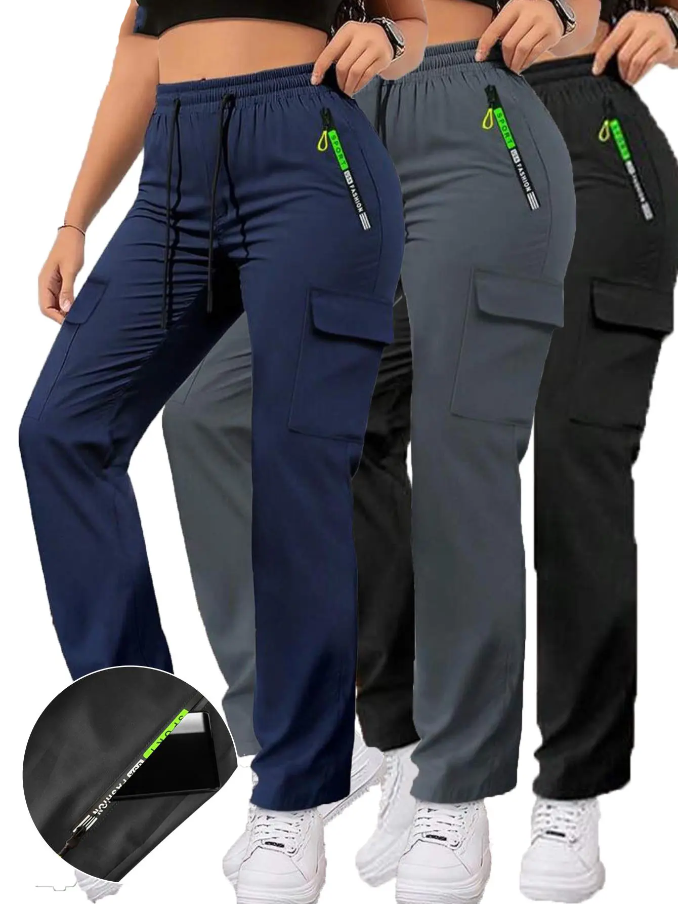 Women’s spring/autumn cargo pants with zippered pockets, featuring a stylish large pocket design and an elastic waistband with drawstring, casual long pants for outdoor and everyday wear.