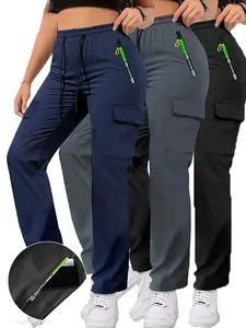Women’s spring/autumn cargo pants with zippered pockets, stylish large pocket design paired with an elastic waistband, casual outdoor/daily wear slim-fit long pants Womenswear Fashion Ladies