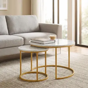 Set of 2 Round Nesting Coffee Tables, Modern Marble-Pattern Wooden Nesting Tables, Stackable Minimalist Side Tables for Living Room, Bedroom, Small Spaces, White and Gold