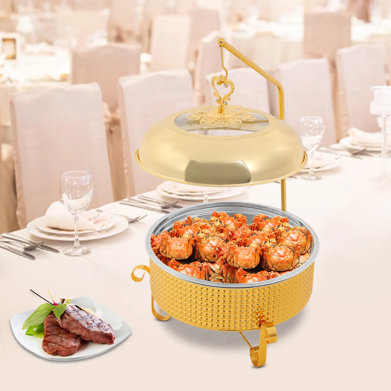 Stainless Steel Round Shape Chafing Dish - 10L/10.57QT Gold Water Plating Buffet Warmer, Buffet-Ready for Large Events, Brunches