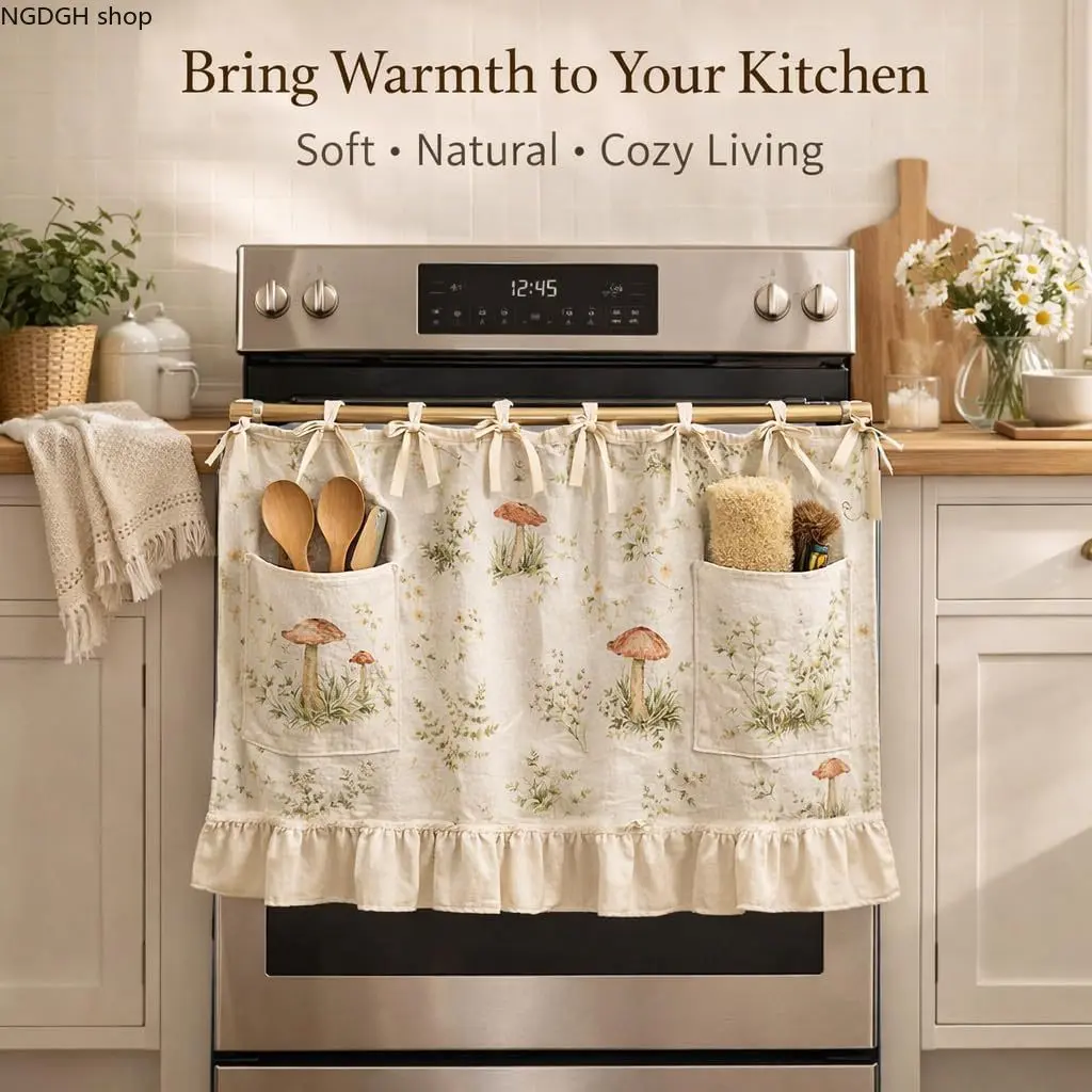 Farmhouse Linen Oven Skirt and Stove Cover, Handmade with Plant Print, Storage Pockets, and Ruffled Hem for Rustic Kitchen Decor, Decorative Cover, Stove Top Covers, Household Items