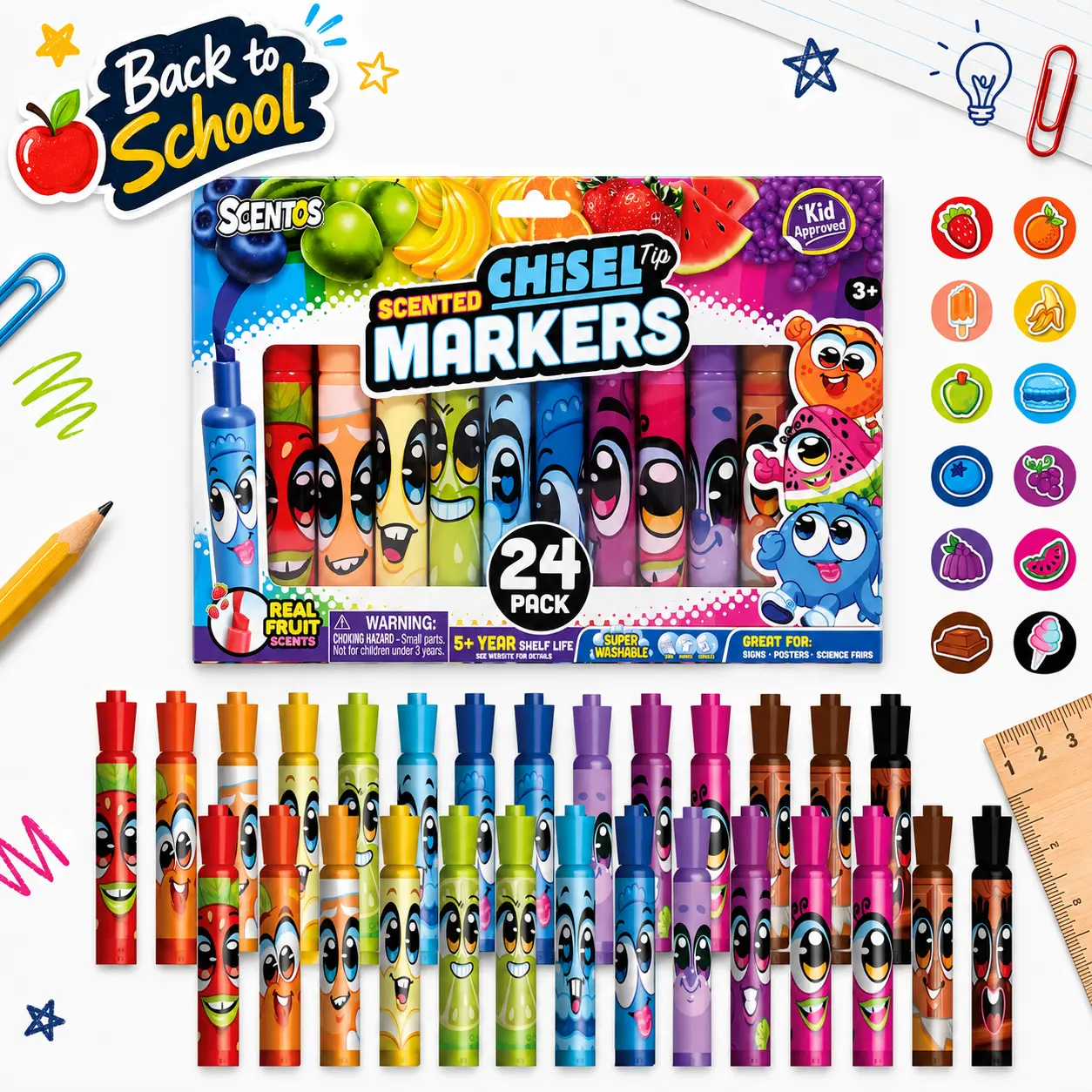 Scentos Fruit Scented Markers Set - Chisel Tip & Jumbo Markers, 8/12/16/24 Pack School Supplies, Kid-Approved Scented Stationery, Super Washable Creative Tools for Coloring Posters, Markers For Coloring Marker Set