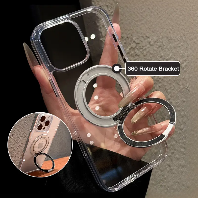 Magsafe 360° Rotating Bracket Stand 16 ProMax clear Case HD Transparent Magnetic For iPhone 13 14 15 16 Pro Max 16pro Shockproof  Hard PC Cover case