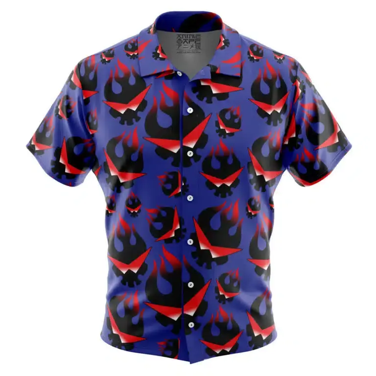 Kamina’s Great Flaming Skull Tengen Toppa Gurren Lagann Button Up Hawaiian Shirt | Cool Summer Ape Anime Vibes for Men & Fans for adults and children