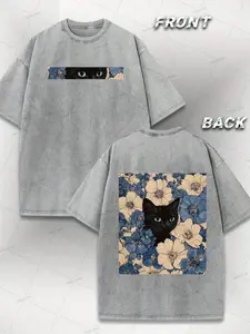 Black Cat Floral Pattern, Interesting Print, Vintage Washed Cotton T-Shirt, Y2k Style, American Street Style, Suitable For Men And Women
