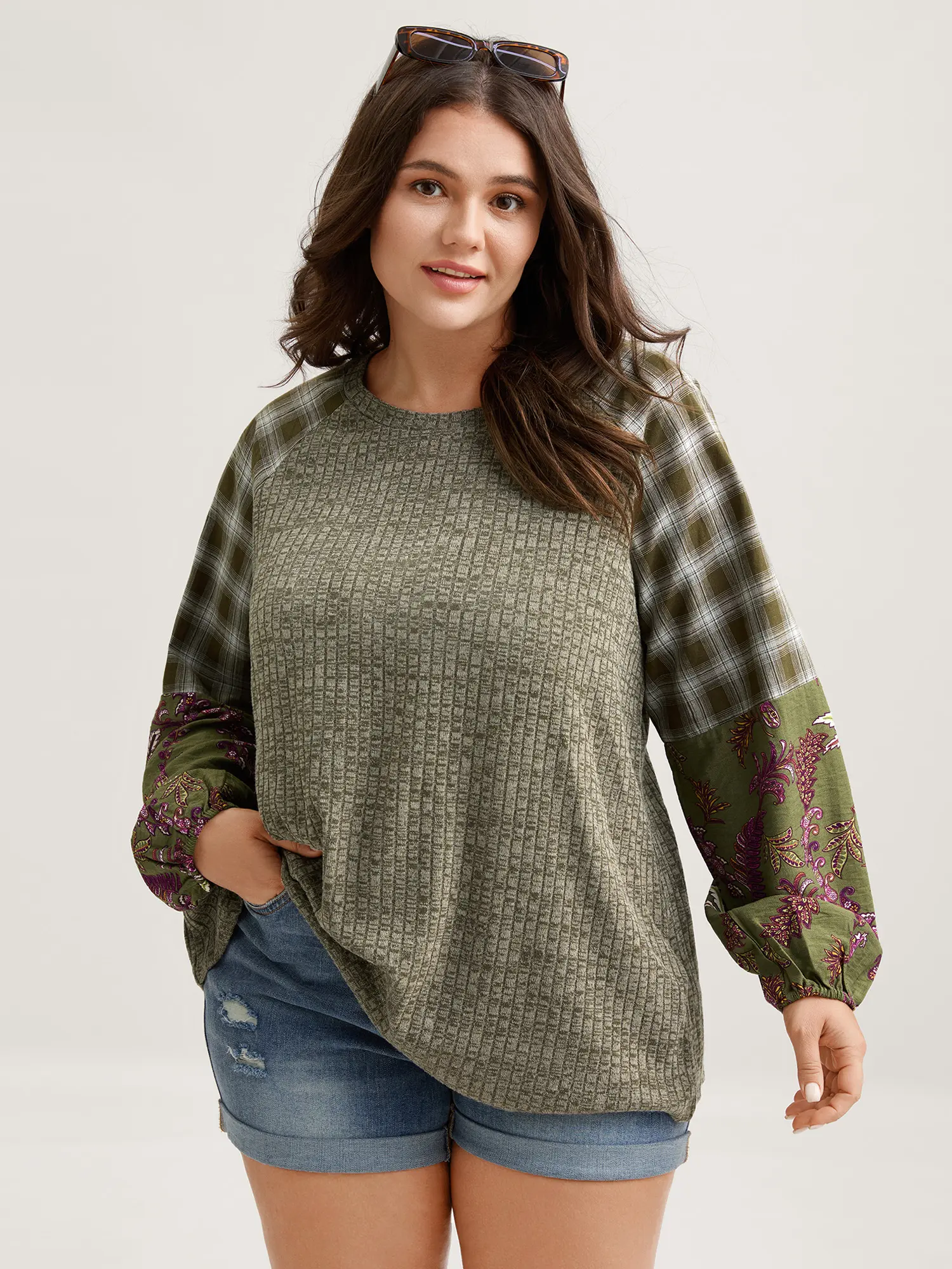 BloomChic Women's Army Green Textured Cotton-Nylon Hoodie - Long Sleeve Tops with Plaid Contrast, Flat Pocket, Casual Fit, Low Iron, Hand Wash Fabric for Swimweek, Deals Days