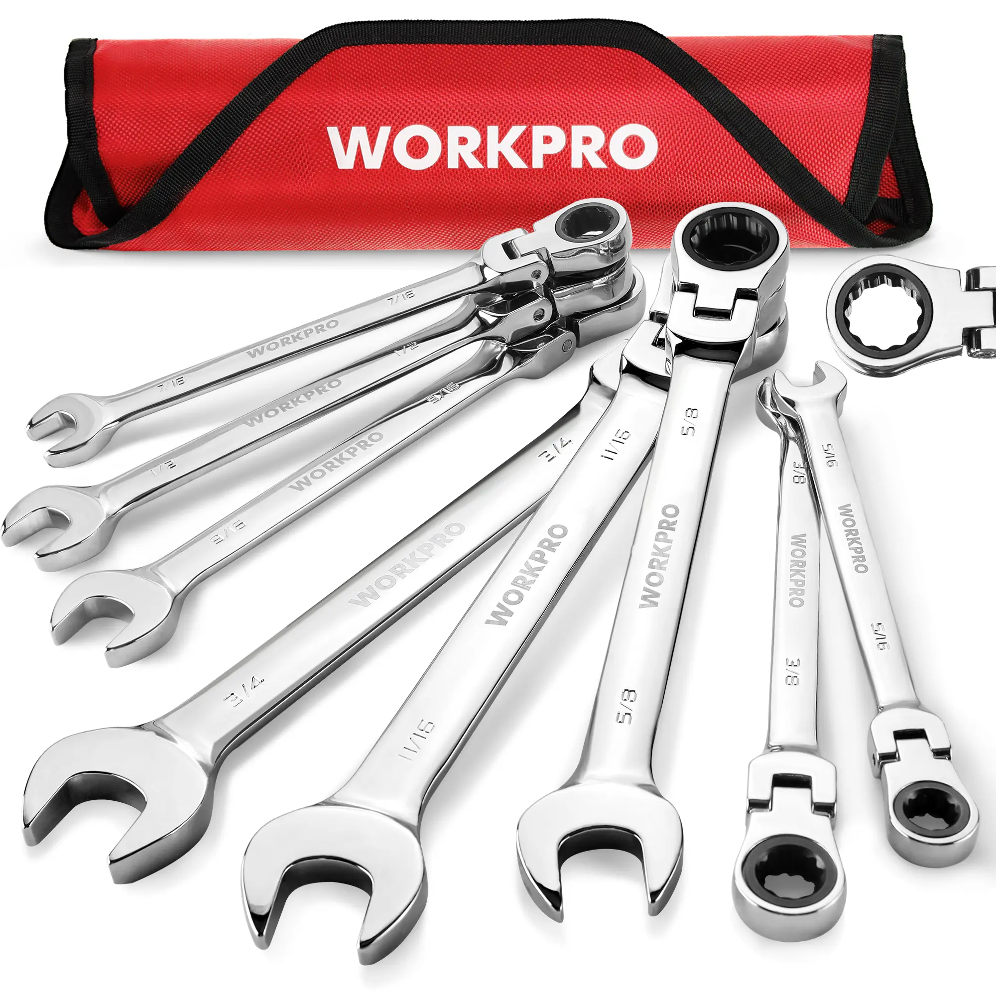 WORKPRO 8-Piece 180-Degree Flex Head Ratcheting Combination Wrench Set, 5/16–3/4 SAE Set, Chrome Vanadium (HRC 50 Hardness), 72-Teeth Gear, 72-Tooth Smooth, 5° Tight Turns, Mirror Polished Chrome Plated, Roll-Up Pouch Included, for Mechanic Auto Repair