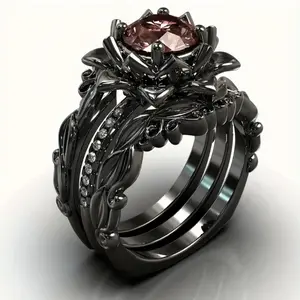 Women's Gothic Rose Crown 3-Piece Costume Engagement Ring Set