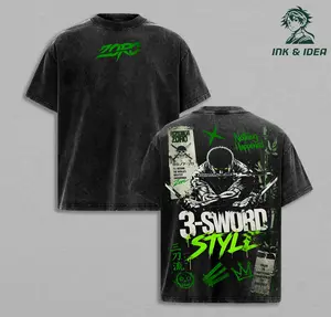 Roronoa Zoro Vintage Washed T-Shirt, 3 Sword Style One Piece Anime Oversized Hip Hop Streetwear Tee, Heavy Cotton Graphic Shirt, Retro Manga Unisex Top Gift
