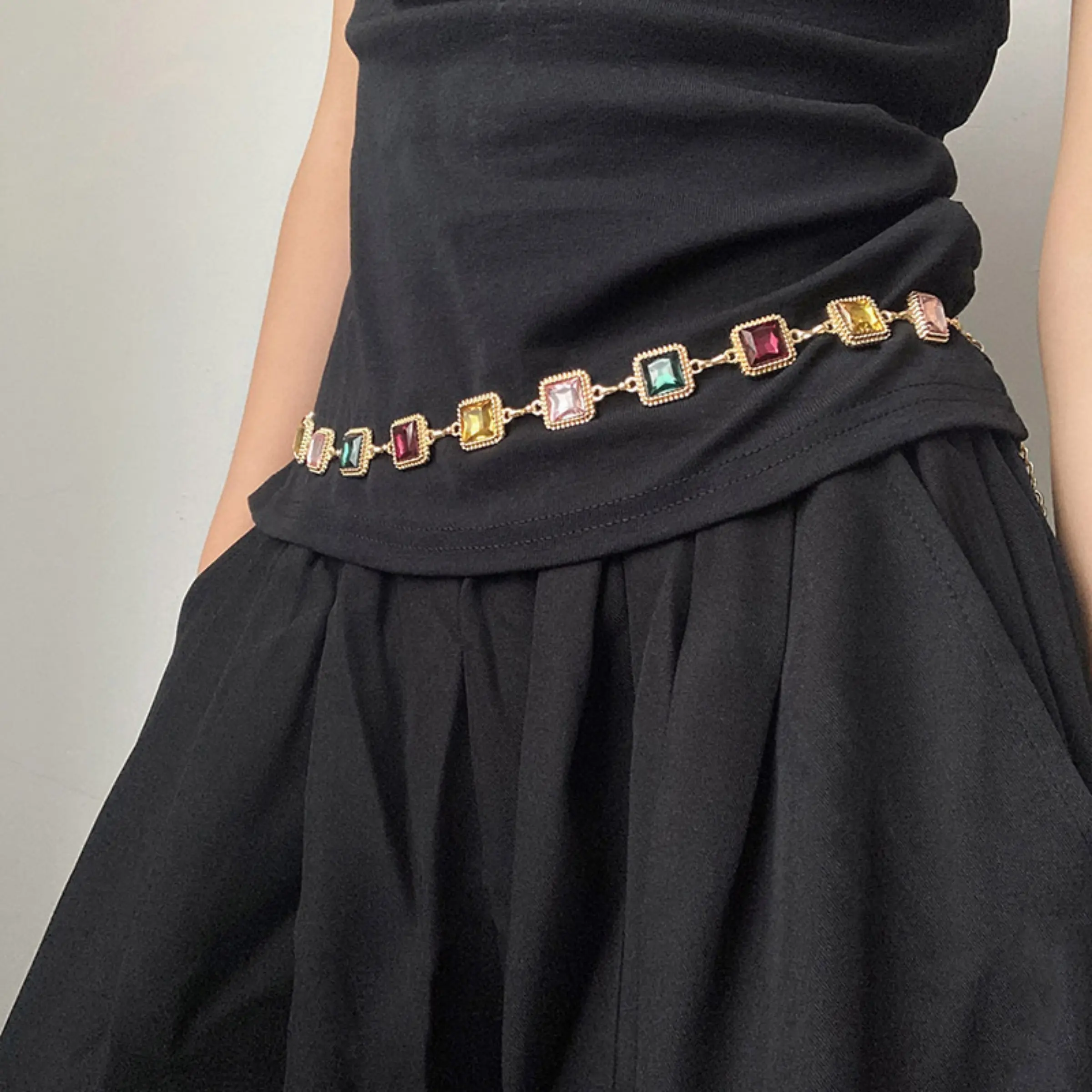 1pcs Color-Blocked Gemstone Waist Chain, Metal Chain Belt, Fashion Belt, Waist Accessories