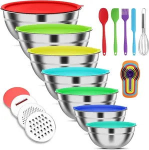 Mixing Bowls with Lids Set, 7 PCS Stainless Steel Mixing Bowls with 3 Grater Attachments,Size 5, 4.5, 3.5, 2.1, 1.5, 1.1, 0.7QT Tableware