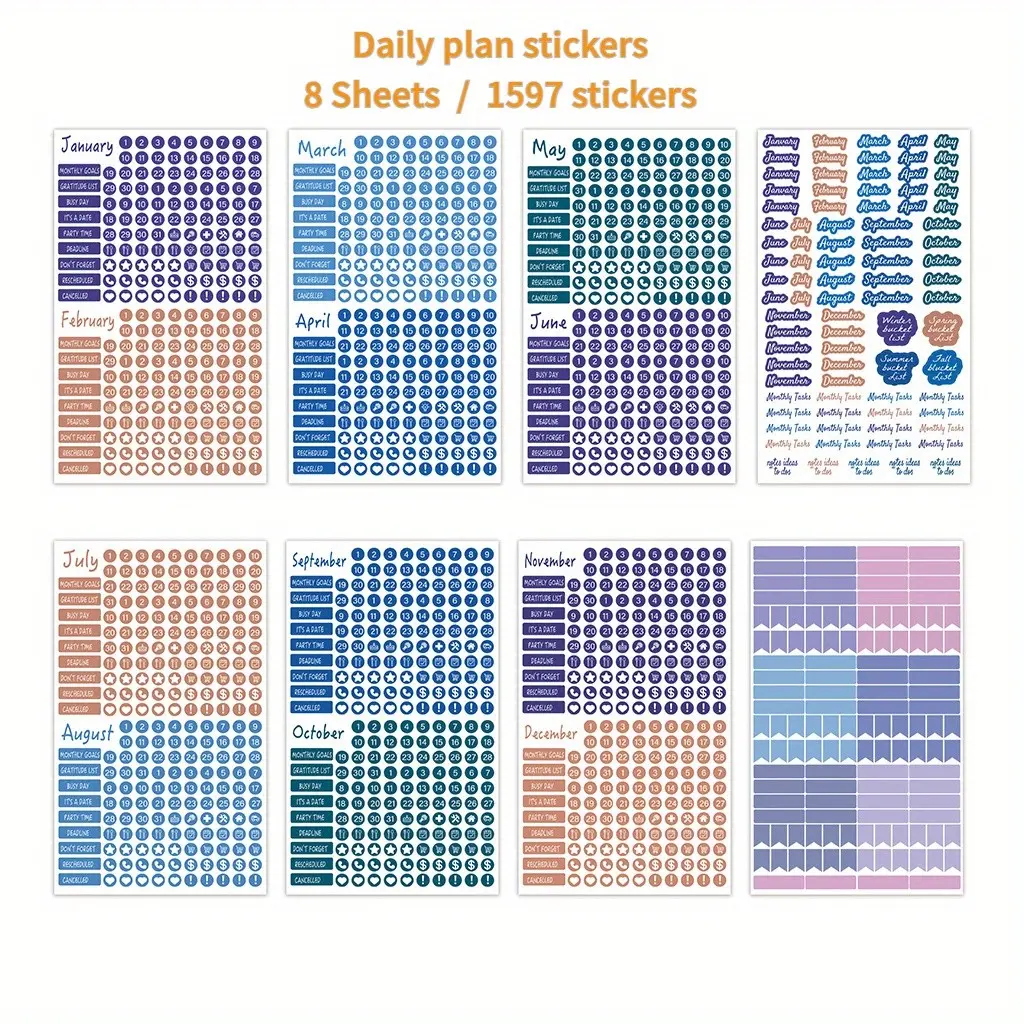 1597pcs Daily Planner Stickers Set, Monthly Colorful Calendar Decals, Date & Icon Labels, Sticky Decorative Labels for Journal Decoration, Seasonal Holiday Activities, Self Adhesive Label