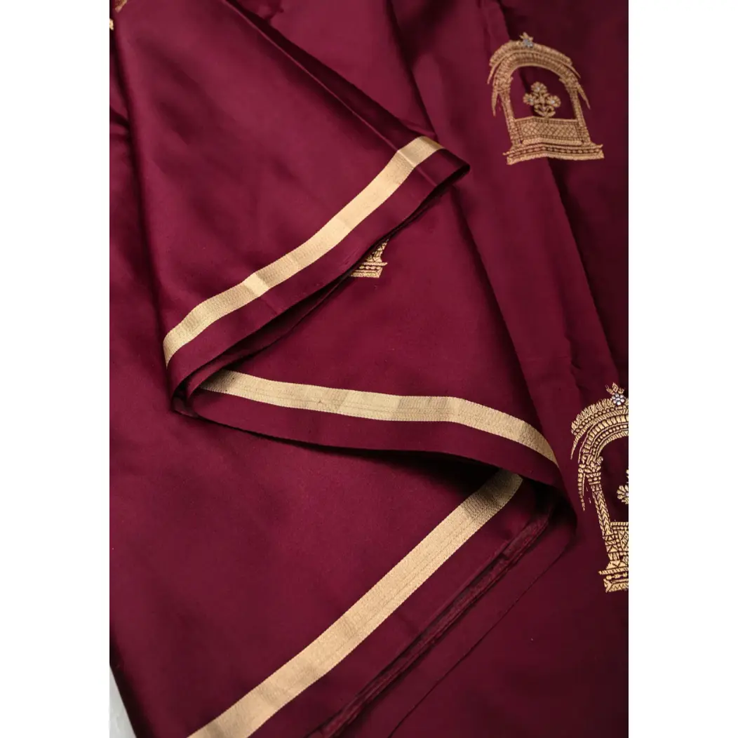 Banarasi Mashru Silk Saree with Arches Buttas and Minimalist Zari Border with Silk Mark