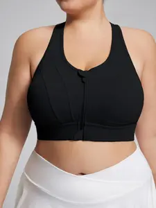 【Plus Size】 Solid Zip Front Sports Bra, Breathable Quick Drying Sports Bra, Women's Sport & Outdoor Clothes for Training Indoor Outdoor Wear, Yoga Activewear