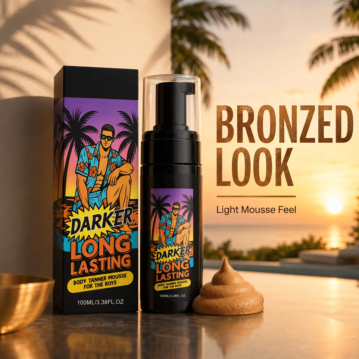 Men's Body Tanning Mousse, Lightweight Self Tanner Foam for Natural Golden Bronze Glow, Easy Apply Bronzing Mousse for Men, Smooth Even-Looking Tan Finish, Quick Dry Body Tanner for Summer Vacation, Beach Style, Travel Friendly 3.38fl.oz
