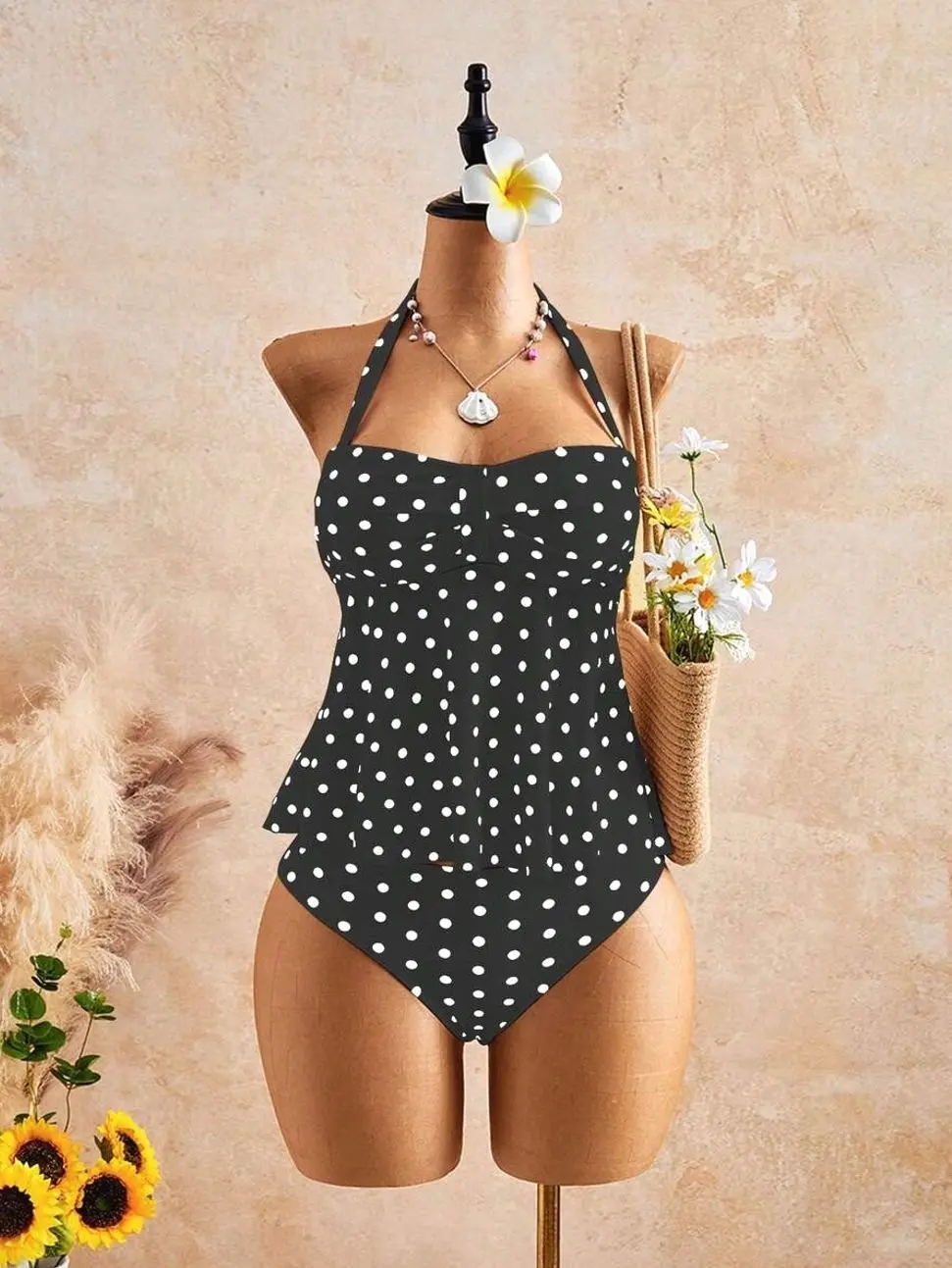 Bellisia Black Polka Dot Halter Tankini Set | Vintage Peplum Tummy Control Top with High-Waisted Bottoms 2-Piece Swimsuit | Retro Beach Vacation Outfit