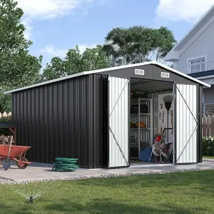 Aoxun 10x12FT Durable Outdoor Metal Garden Tool Shed, Lockable Double-Hinged Door Sloped Roof Enclosure Garden Buildings for Backyard Patio, Black