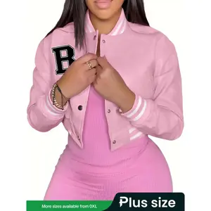 Women’s oversized leather baseball jacket with long sleeves and a casual letter print design—fashionable and comfortable for everyday wear GARMENTARY