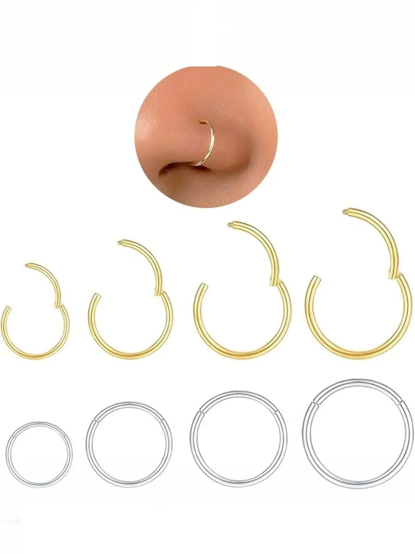 Hypoallergenic Nose Rings Hoops Set for Women Men: 8Pcs Gold/Silver 316L Surgical Stainless Steel Nose Hoops Hinged Clicker Septum Rings for Nose Cartilage Body Piercing Jewelry Hinged Design 6mm 8mm 10mm 12mm Septum Pierced Ring#Fashionweek#Fallfreshness