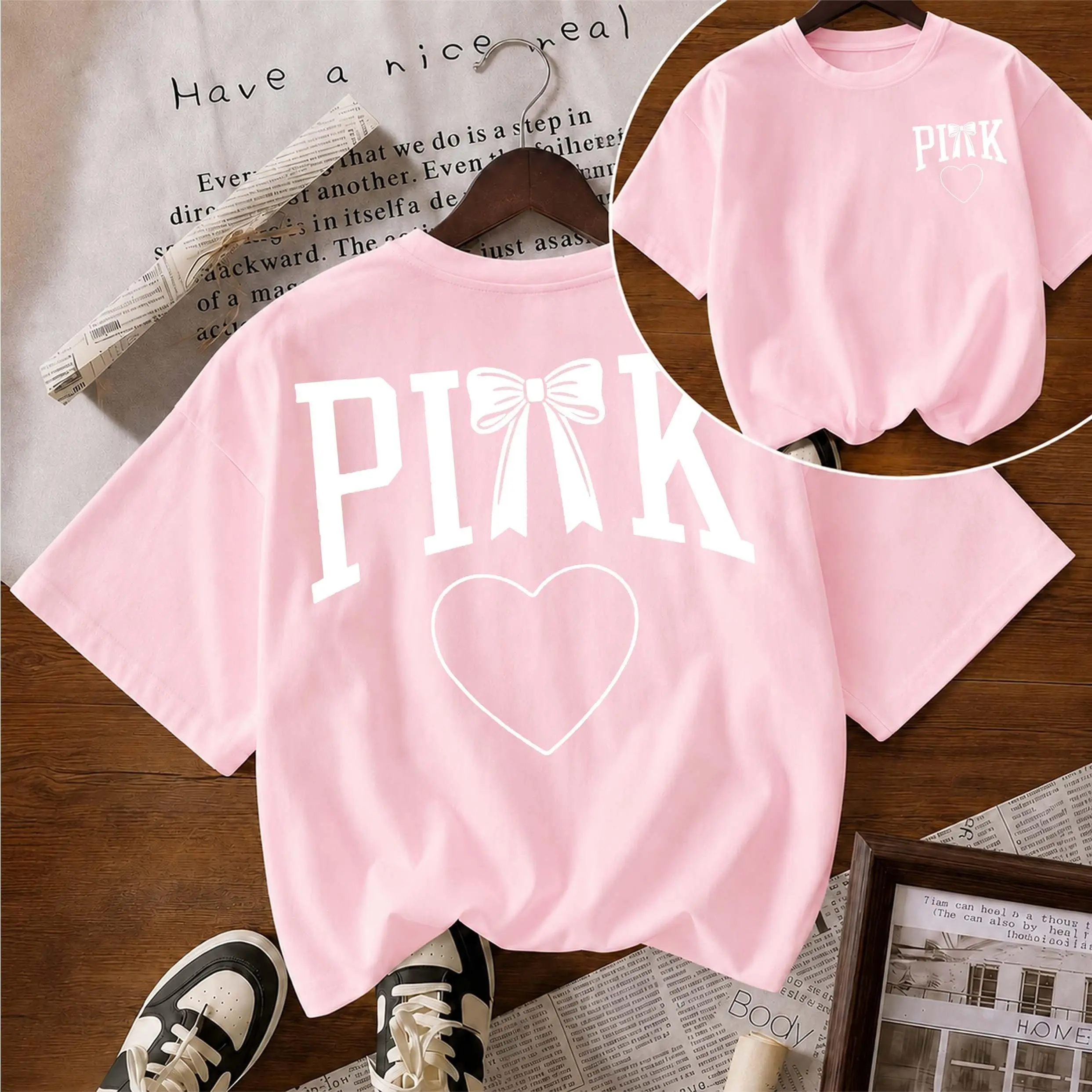 Women's Pure Cotton Short-Sleeve T-Shirt ("Bow") — A Unisex Casual Staple, Particularly Ideal For Spring And Summer Wear. Featuring A Cool Graphic Design And A Classic Crew-Neck Cut, It Is Suitable For All Four Seasons.