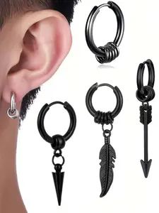 Punk Style Stainless Steel Earrings Set, Coiled Ear Cuffs, Leaf Tip Cone Arrow Pendant, 4 Piece Combination, Fashion Jewelry, All Seasons