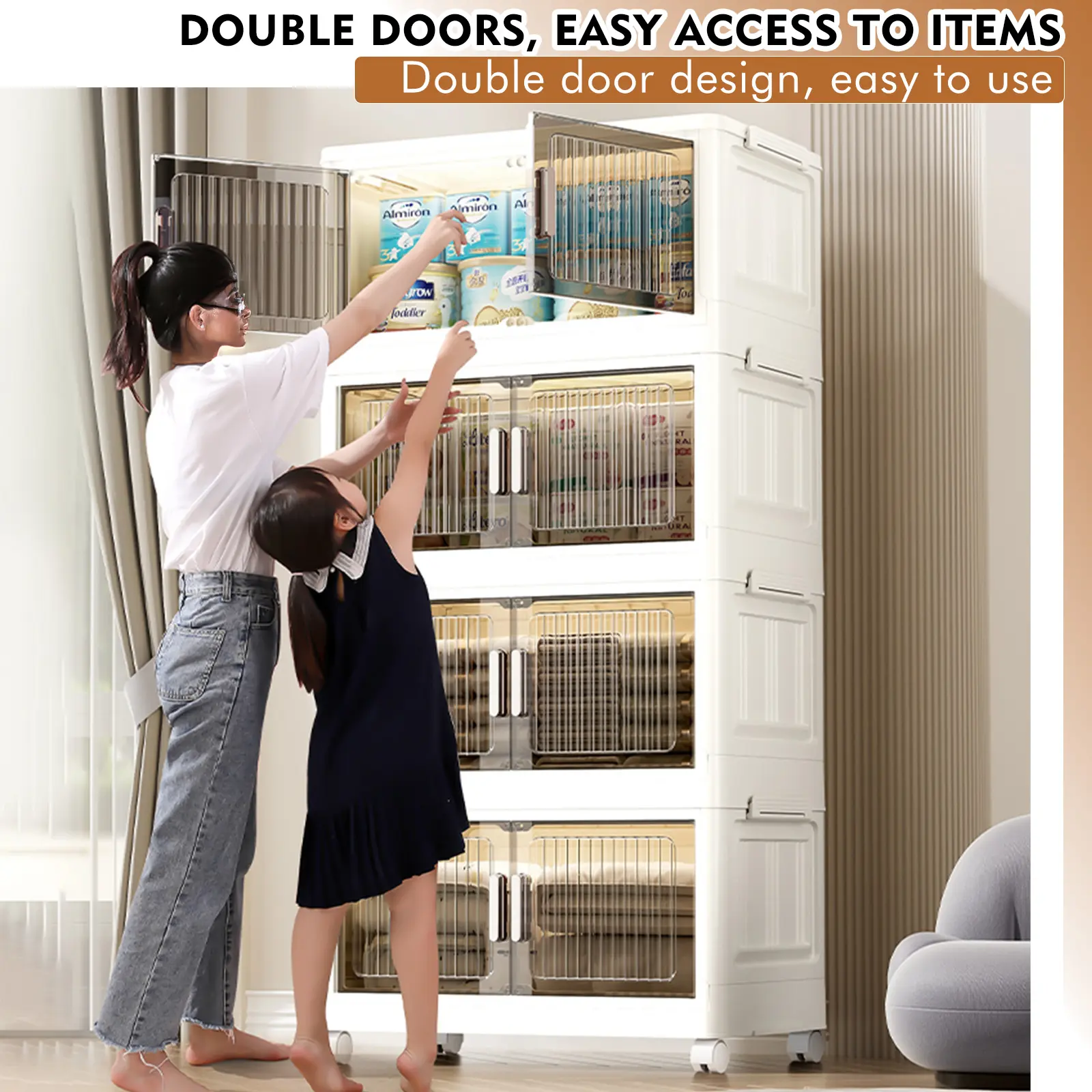 7CODE 150QT Storage Bins with Lids for Closet, Garage, Shelves, 4 Pack Multi-Lid, Lockable Cabinet, Large, Doors & Wheels, School, Office, Foldable Container, Stackable Organizers, Plastic Drawers