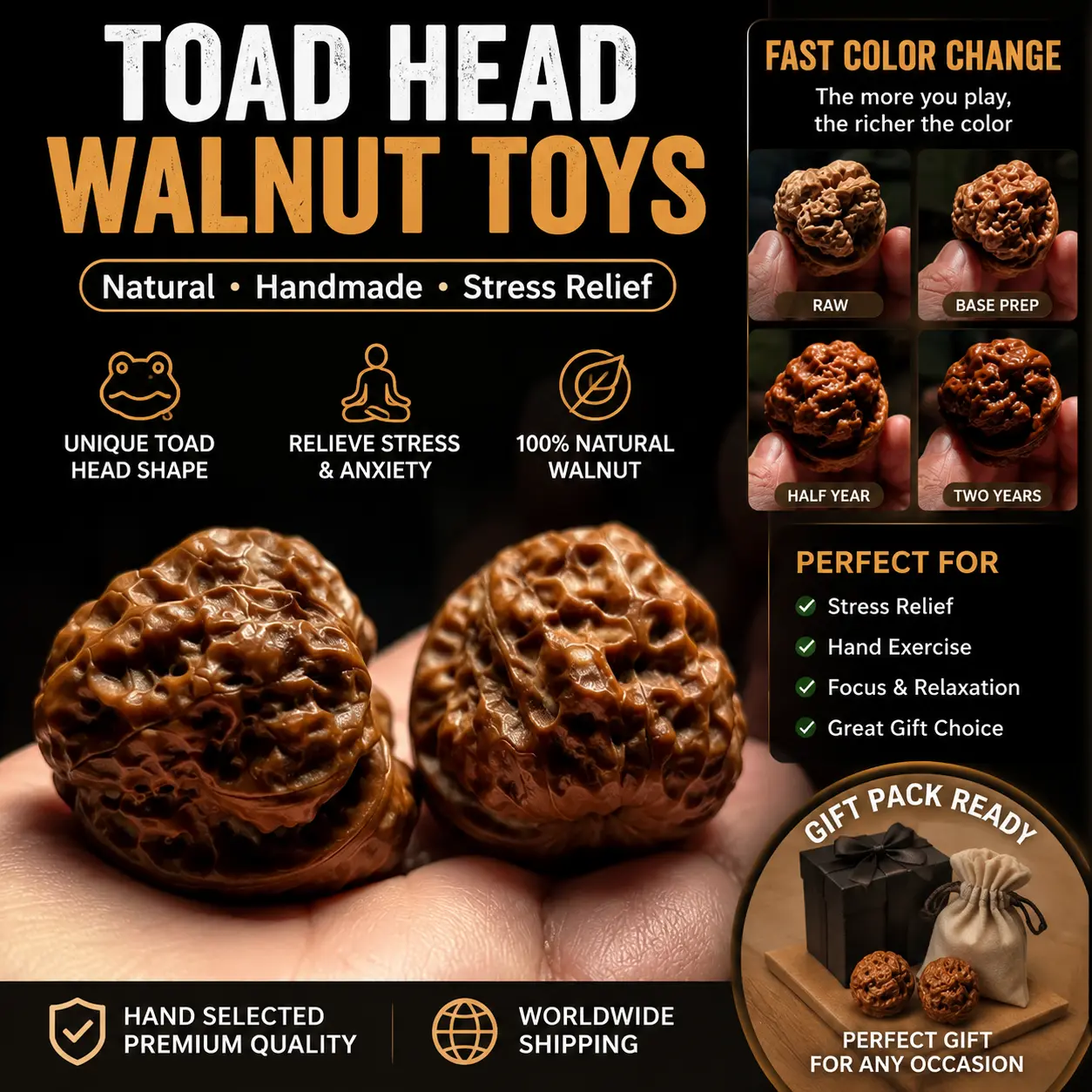 Pocket-sized stress fidget toy Pokemon Walnut Chinese of Frog walnuts,Hand Fidget Toy,Replace mindless phone scrolling，Natural Collectible Stress Reliener peace  Mindfulness Therapeutic hand play& Rolling walnuts builds focus & patience