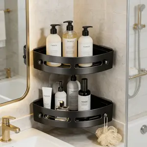 2Pcs No Punch Adhesive Bathroom Corner Rack Wall Mounted Triangular Storage Shelf For Bath Supplies
