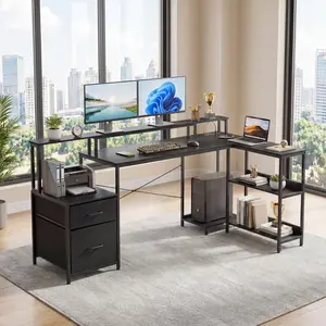 75" Reversible L-Shaped Gaming Desk with Power Outlet and LED Strip, Computer Desk with Storage Shelves for Home Office