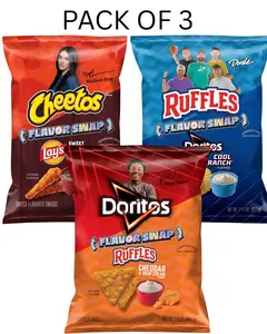 Pack of 3 Cheetos Crunchy Lay's Sweet Southern Heat Barbecue Flavor Swap Cheese Flavored Snacks, 2.875 oz, Doritos Ruffles Cheddar & Sour Cream Flavor Swap Tortilla Chips, 2.875 oz and Ruffles Doritos Cool Ranch Flavor Swap Potato Chips, 2.25 oz  Crispy